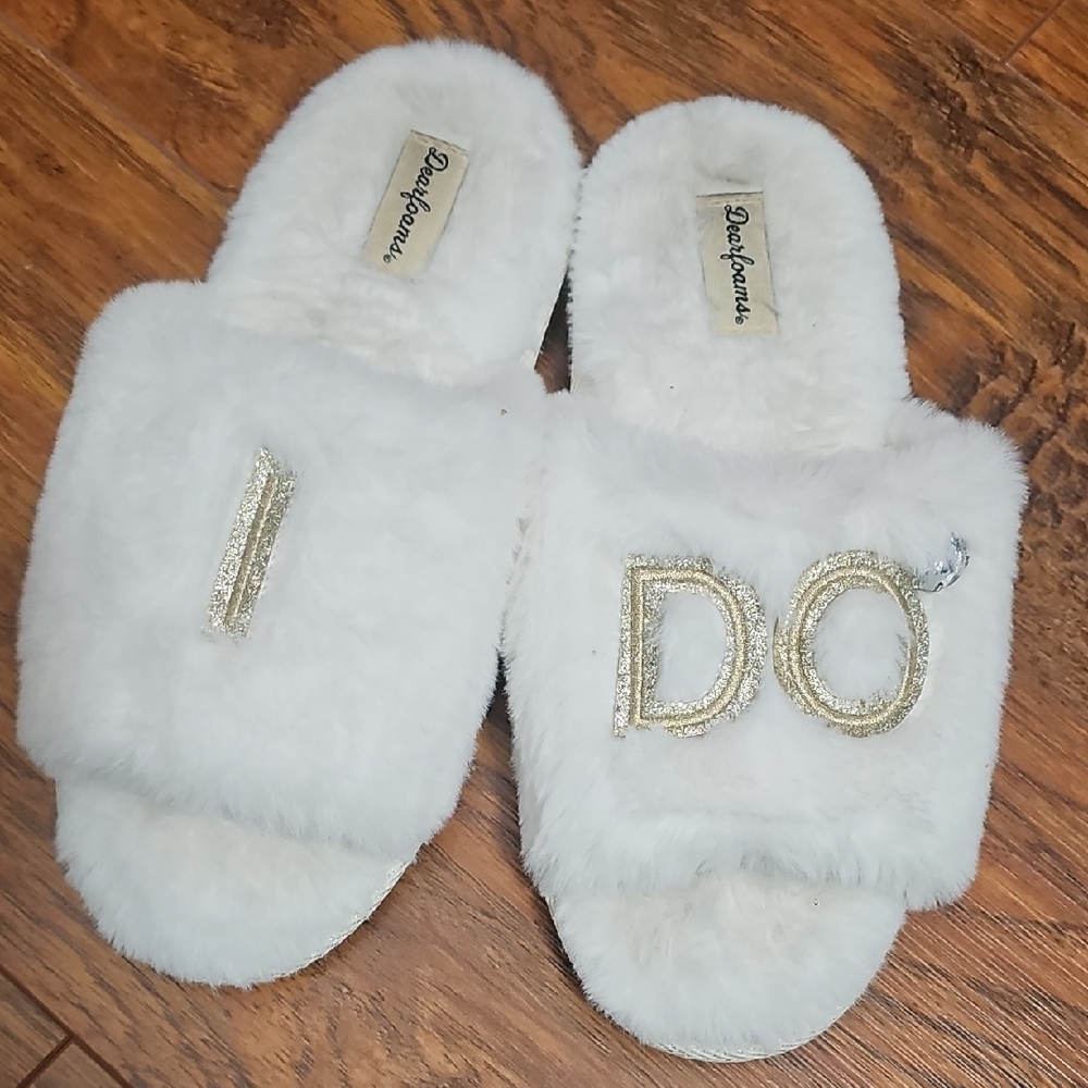 White Fuzzy Slippers with Gold Lettering